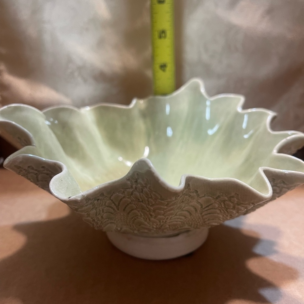 Green footed Clam Shell design Decorative Bowl. Signed by MOSS Bari Moss?